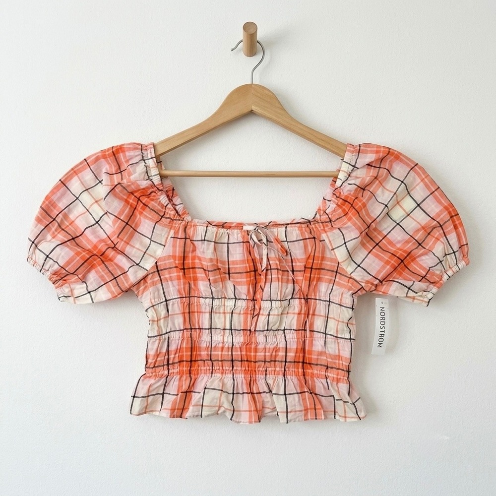 Abound Cottagecore Plaid Puff Sleeve Smocked‎ Milkmaid Crop Top Orange S⁠mall